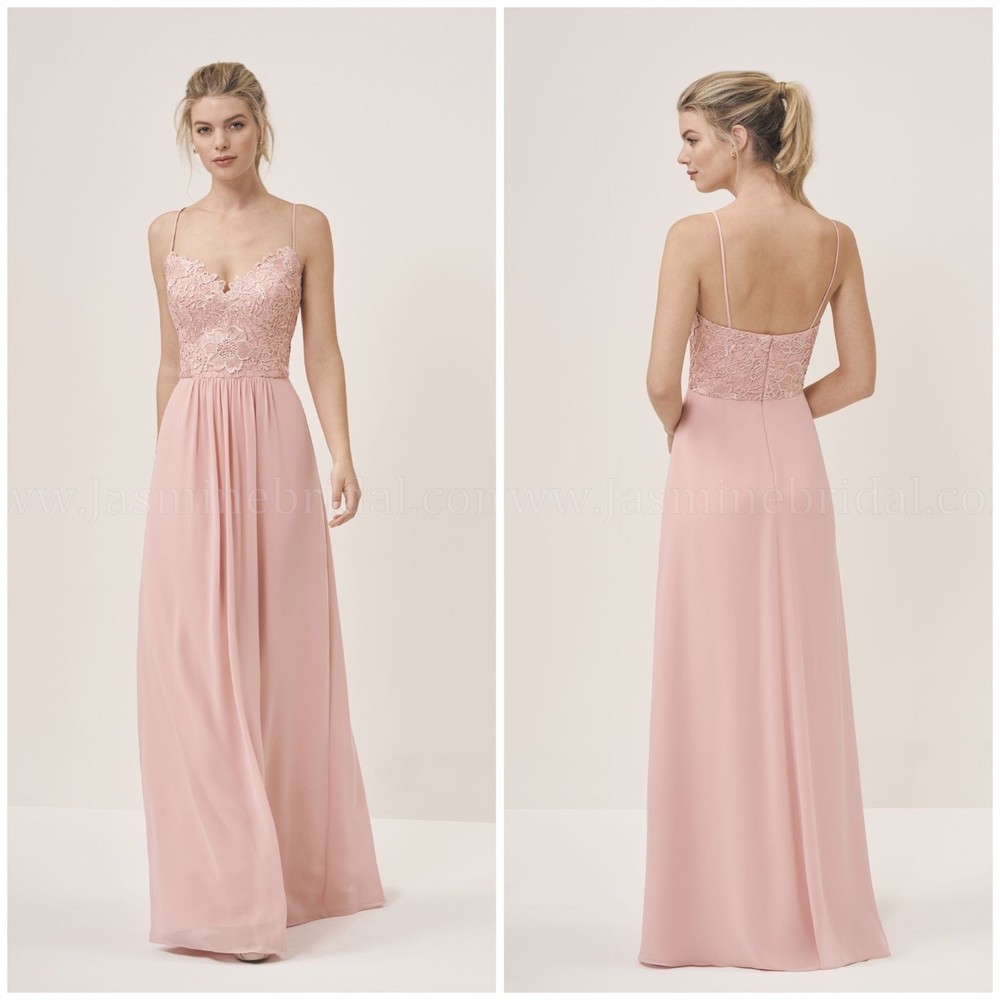 Long V-neck Lace & Georgette Bridesmaid Dress with Spaghetti Straps